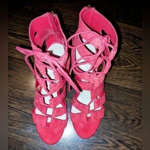 Marc Fisher Red Suede Paradox Gladiator Shoe Heels Size 6 EUC